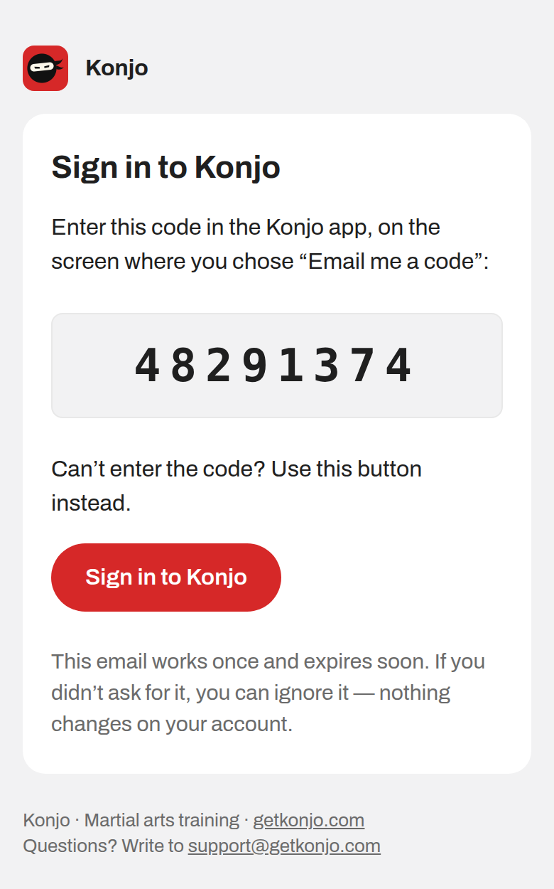 Konjo's sign-in code email in light mode