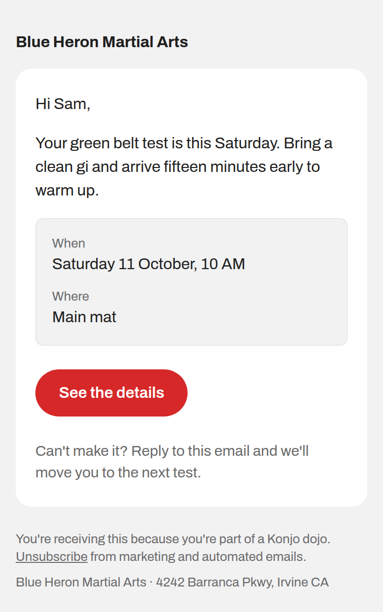 A dojo's belt-test reminder in light mode