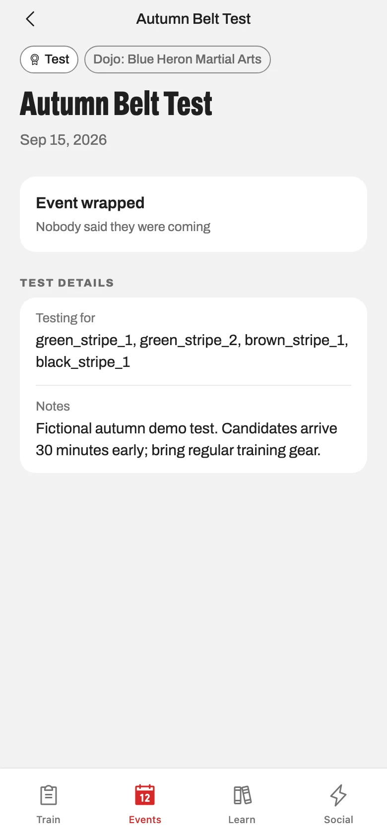 Autumn Belt Test event details for the Blue Heron sample school in the Konjo web app.