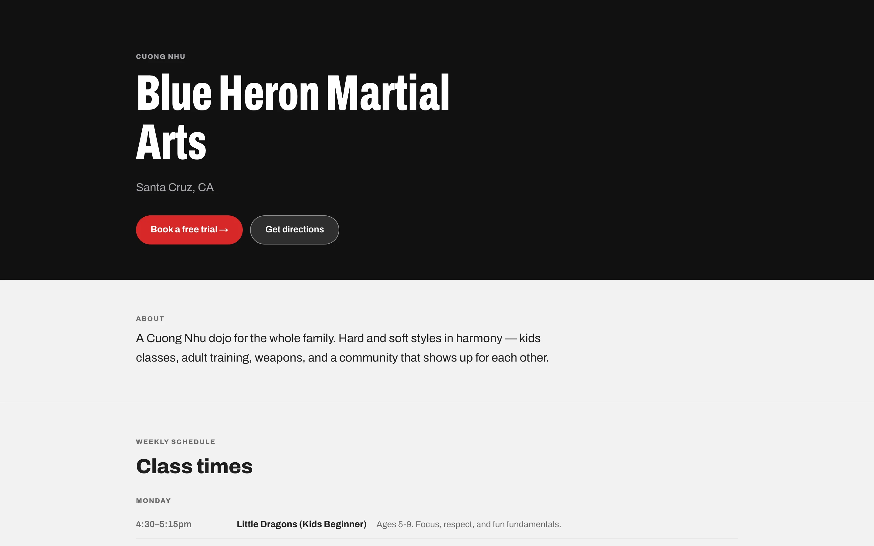 Blue Heron sample school public page, with classes and a trial enquiry.