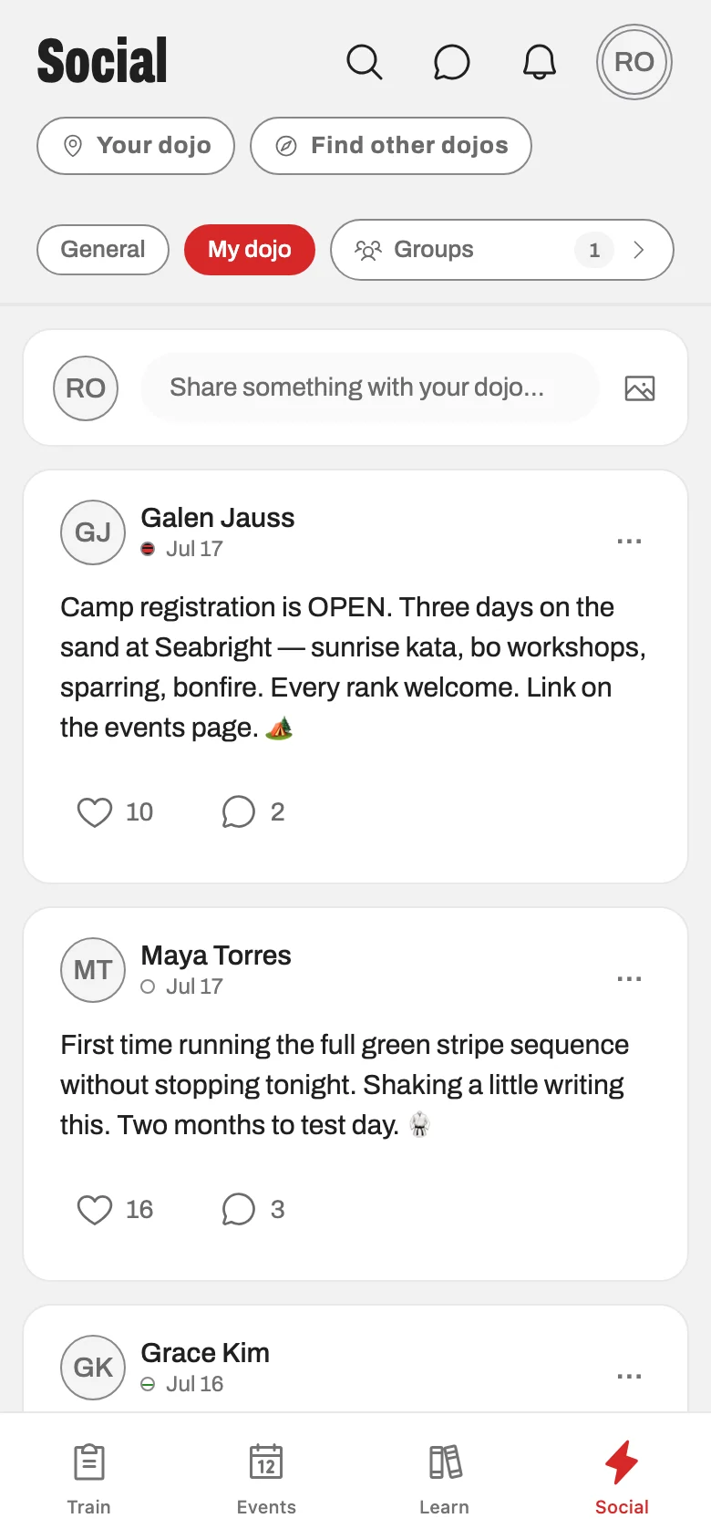 Sample school community feed in the Konjo web app.