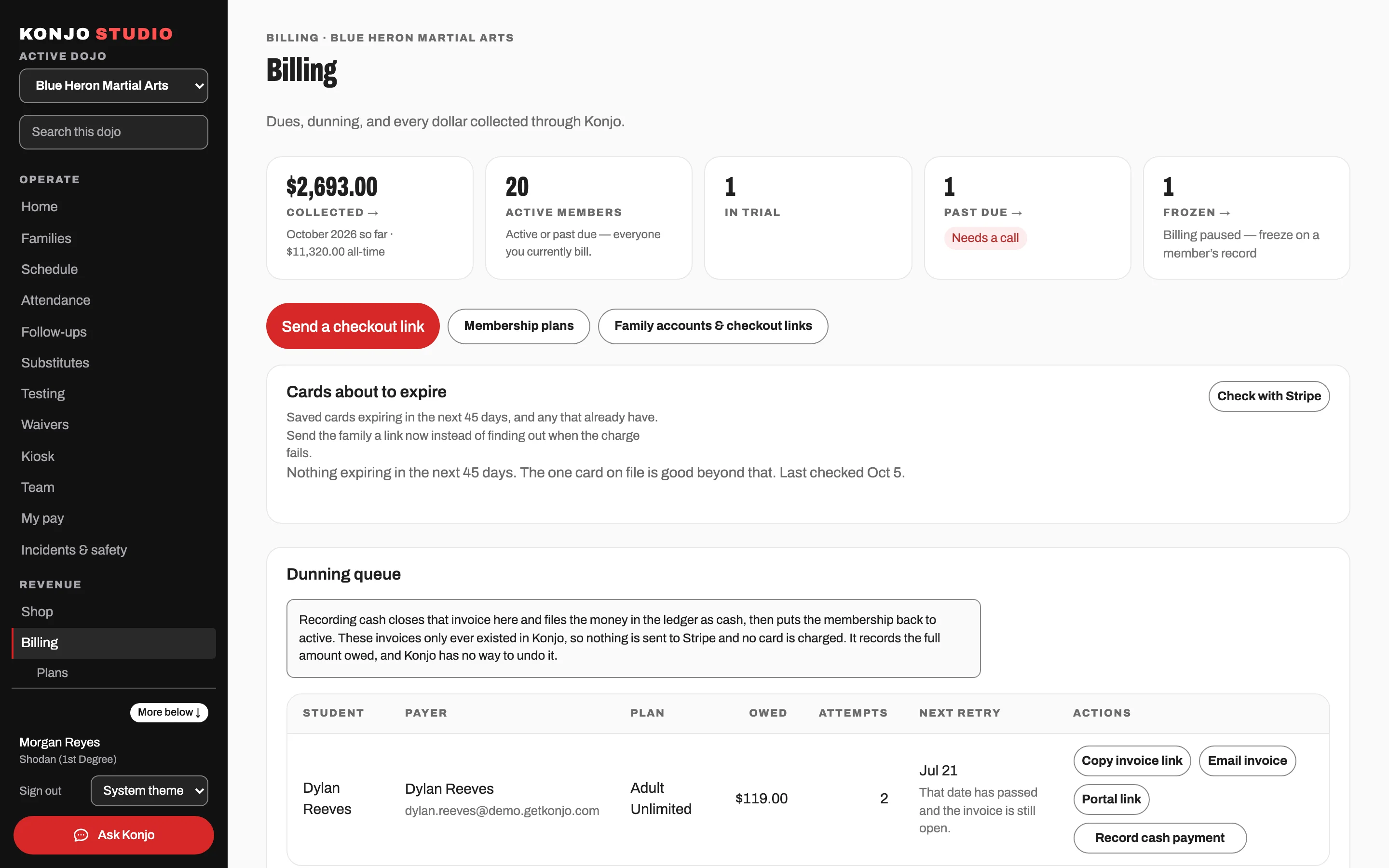 Sample membership and billing records in Konjo Studio; demonstration amounts, not live customer payments.